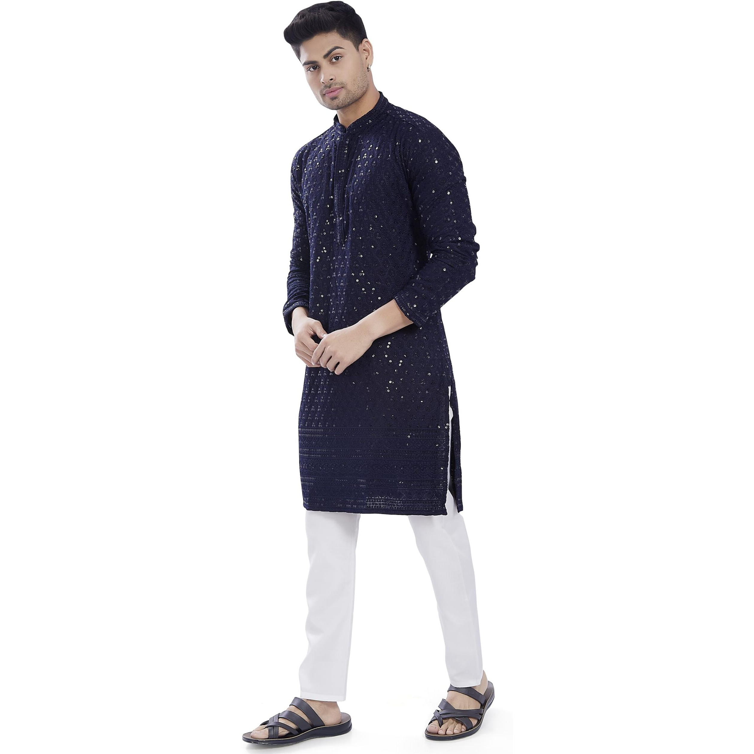 Divisive Men's Sequince Embroidered Cotton Blend Only Slim Fit Kurta (Dkrt671_Xl_Navy)