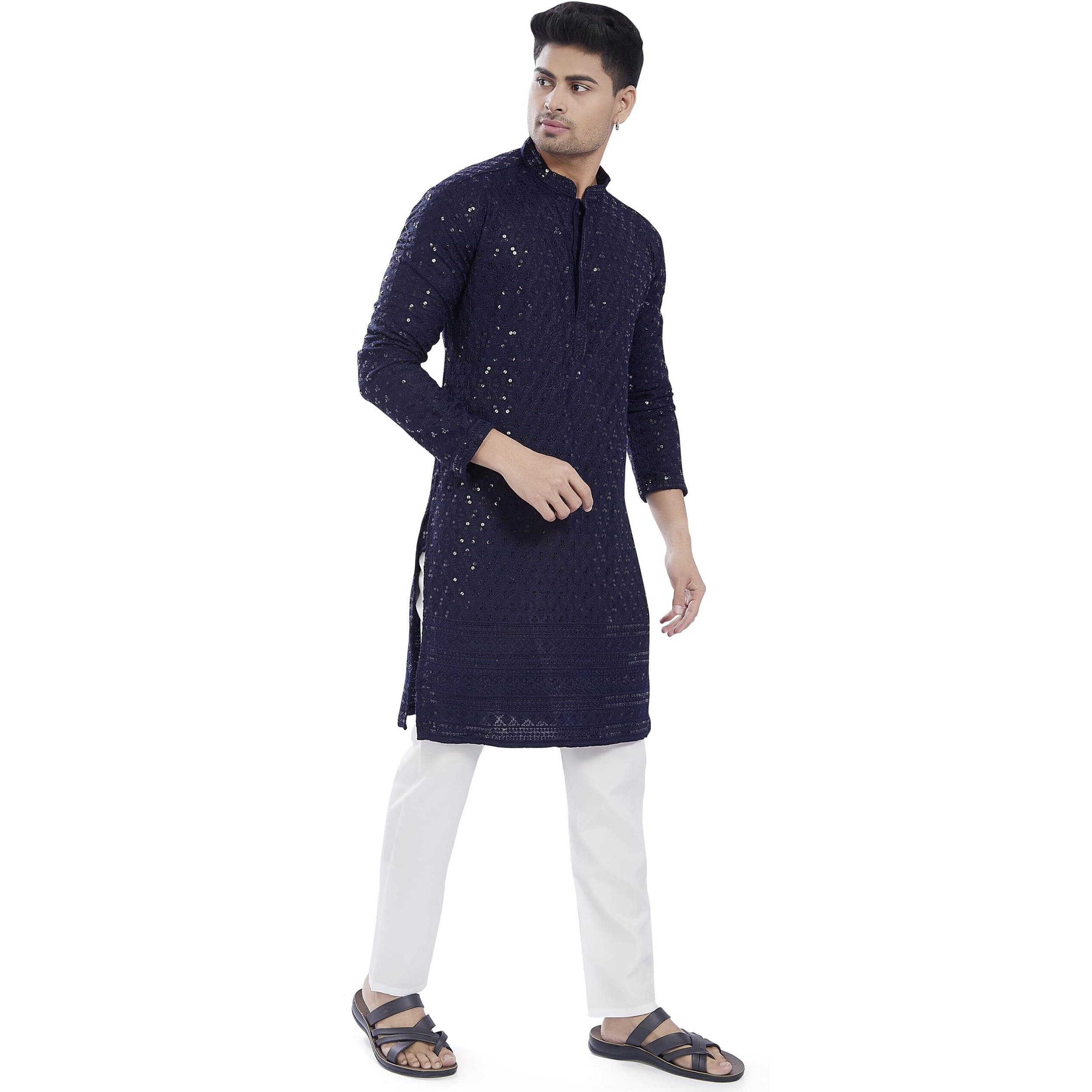 Divisive Men's Sequince Embroidered Cotton Blend Only Slim Fit Kurta (Dkrt671_Xl_Navy)