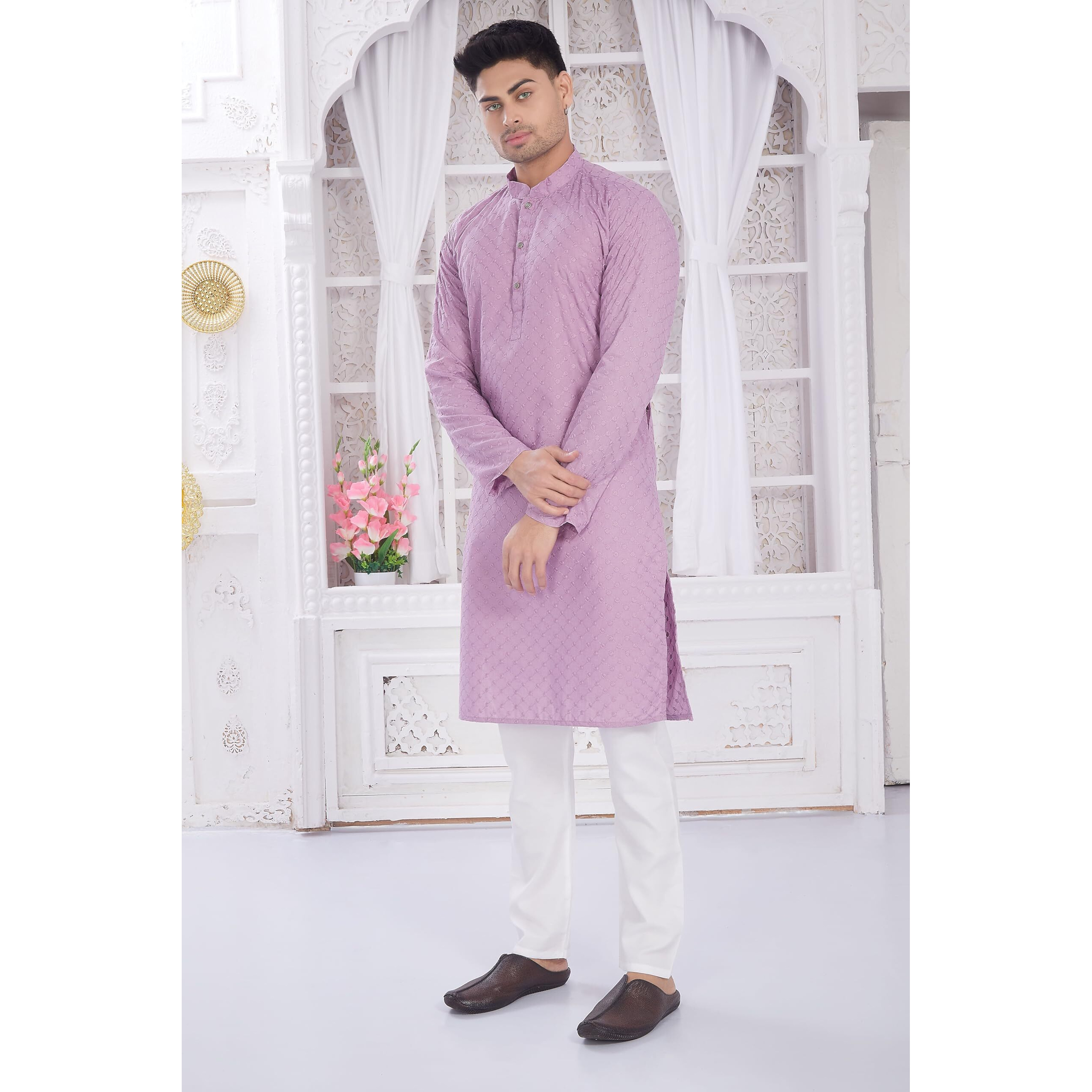 Divisive Men's Thread Embroidered Cotton Only Slim Fit Kurta (Dkrt636_S_Lavender)