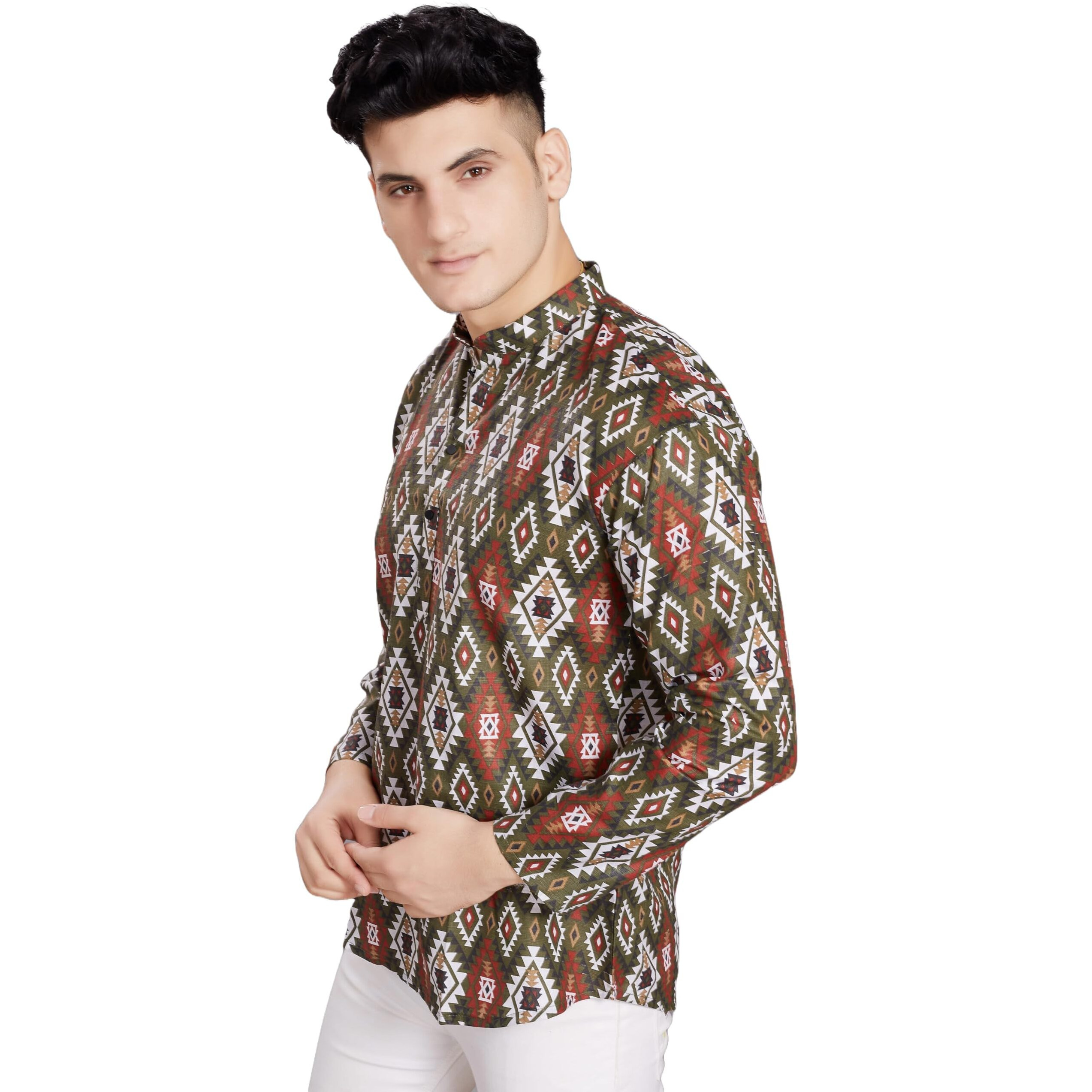 Divisive Men's Pure Cotton Relaxed Fit Printed Short Kurta (Dkrt446_M_Green)