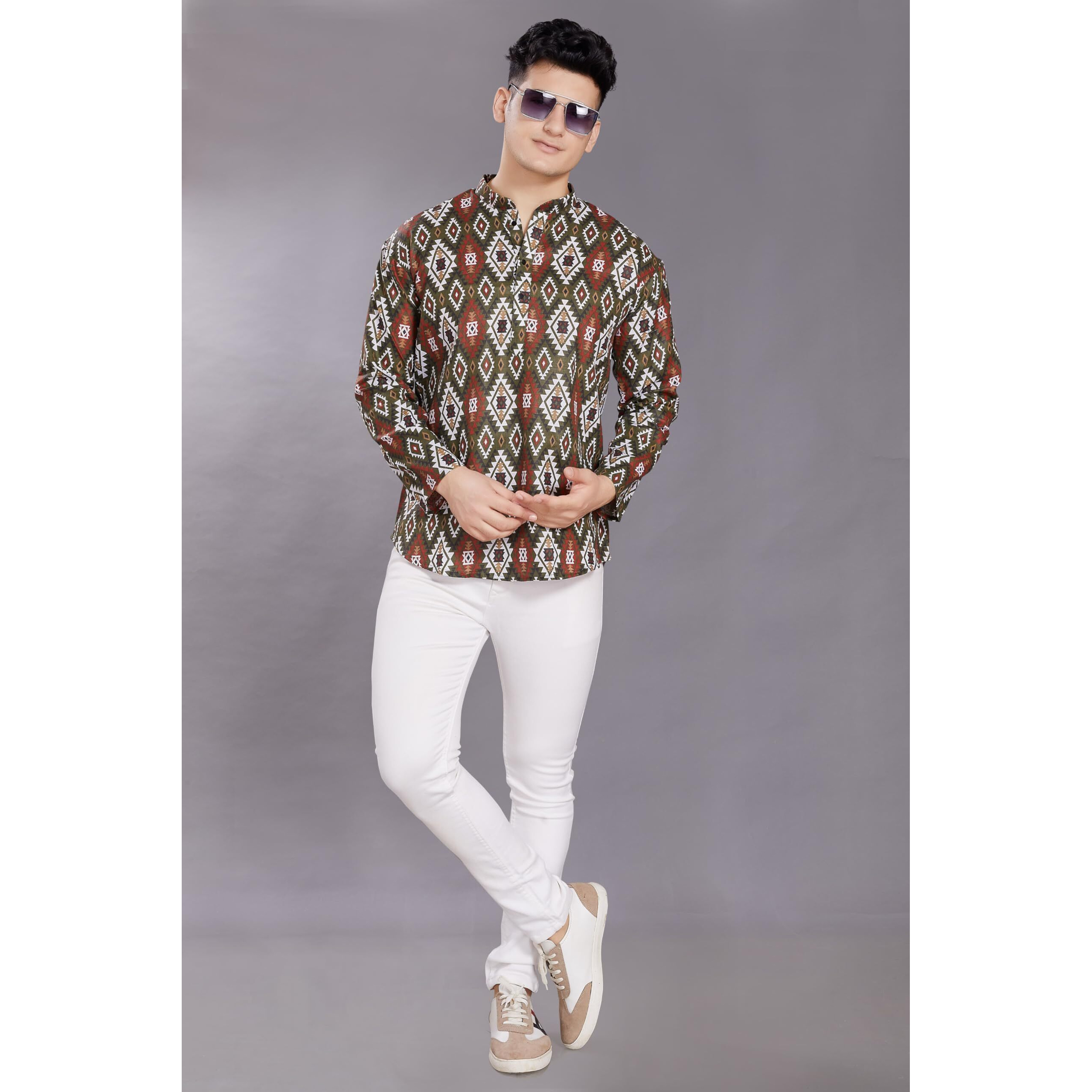 Divisive Men's Pure Cotton Relaxed Fit Printed Short Kurta (Dkrt446_M_Green)