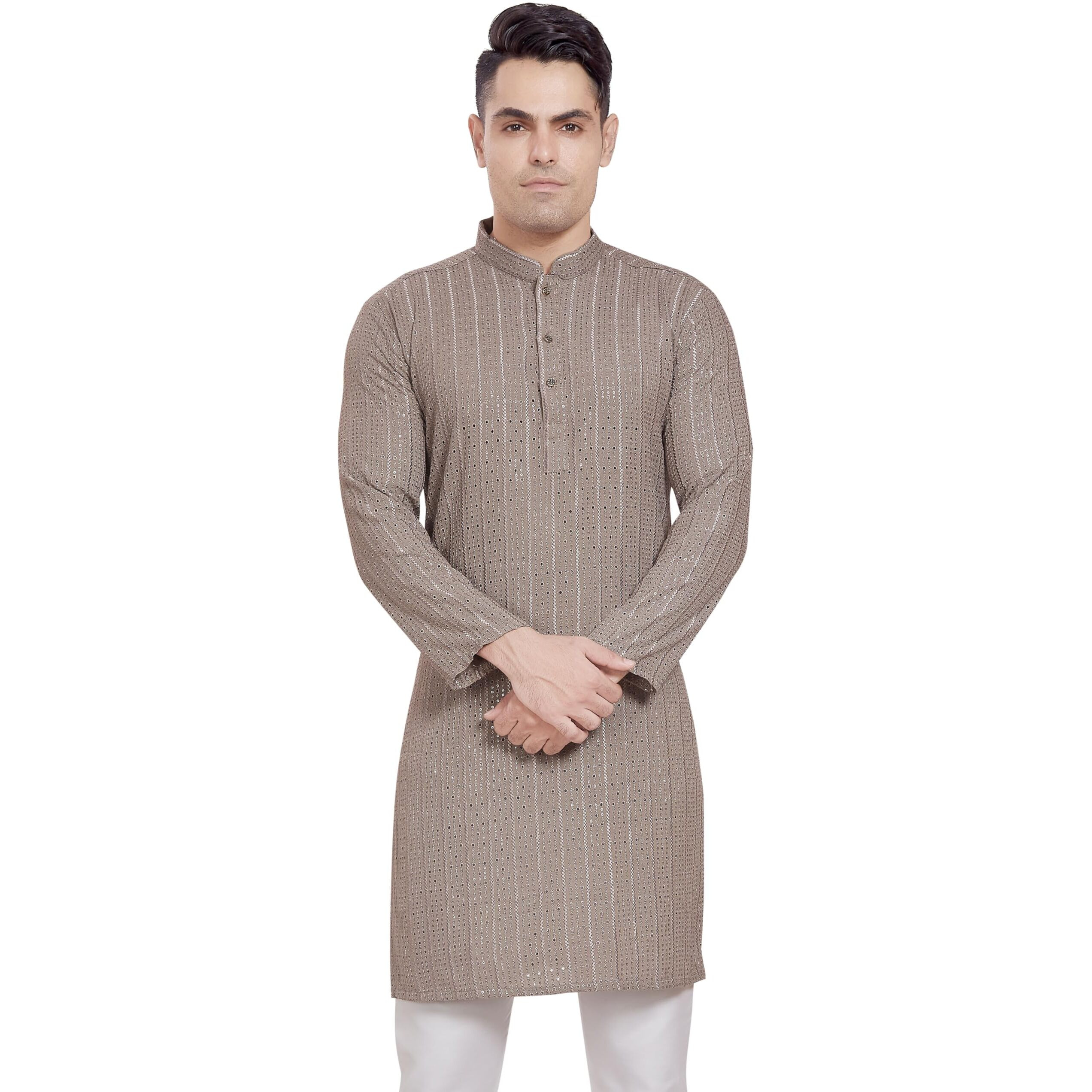 Divisive Men's Embroidered Cotton Blend Only Slim Fit Kurta (Dkrt378_Xl_Stone Grey)