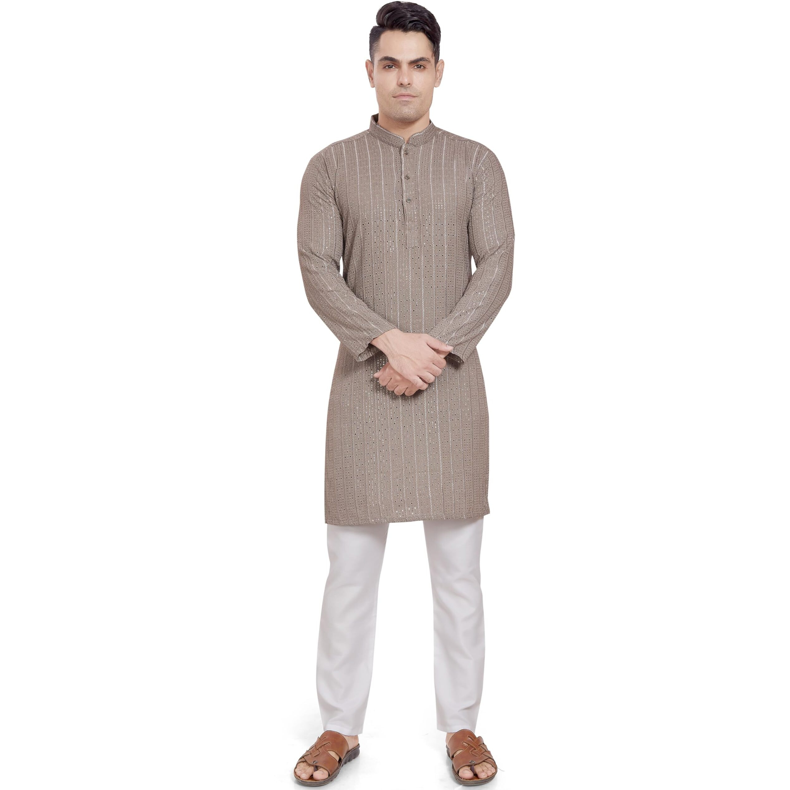 Divisive Men's Embroidered Cotton Blend Only Slim Fit Kurta (Dkrt378_Xl_Stone Grey)