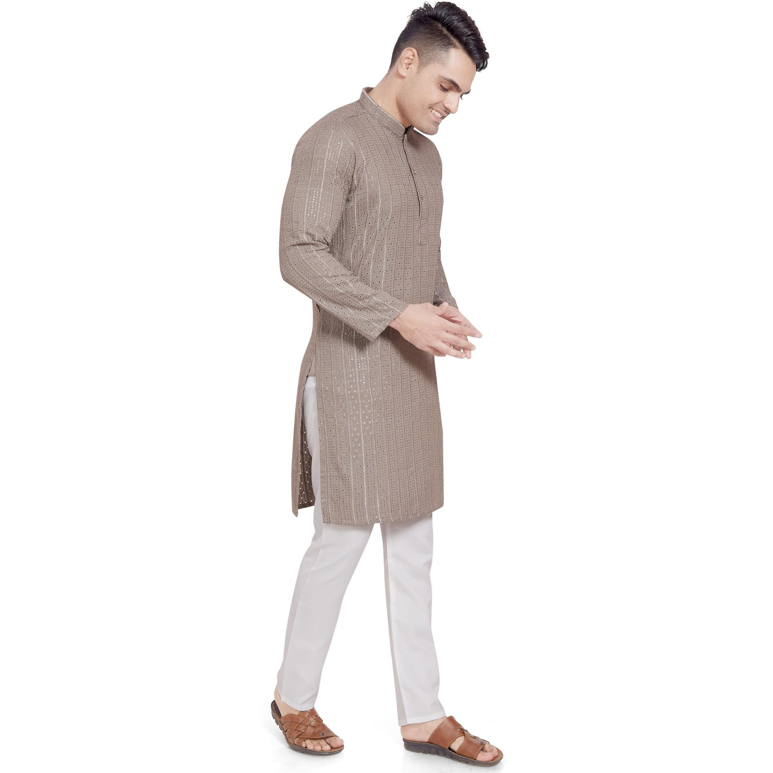 Divisive Men's Embroidered Cotton Blend Only Slim Fit Kurta (Dkrt378_Xl_Stone Grey)