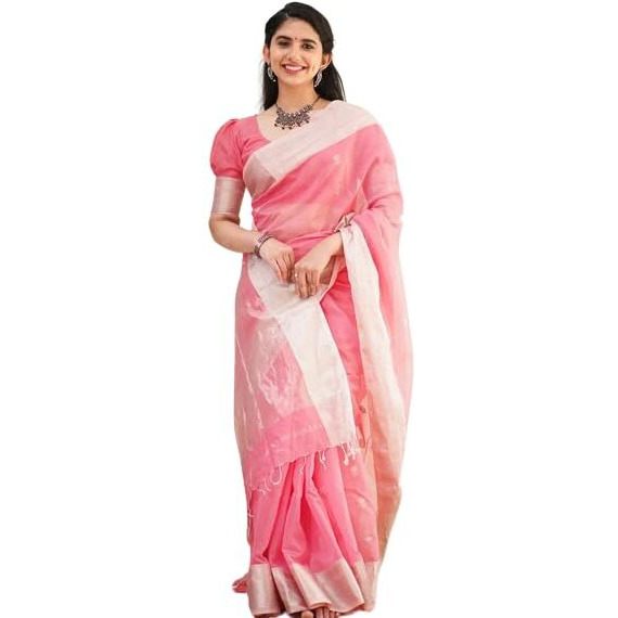 Flosive Silk Women's Mix Color & Golden Kanjivaram Wedding Saree With Blouse (Pink & White)