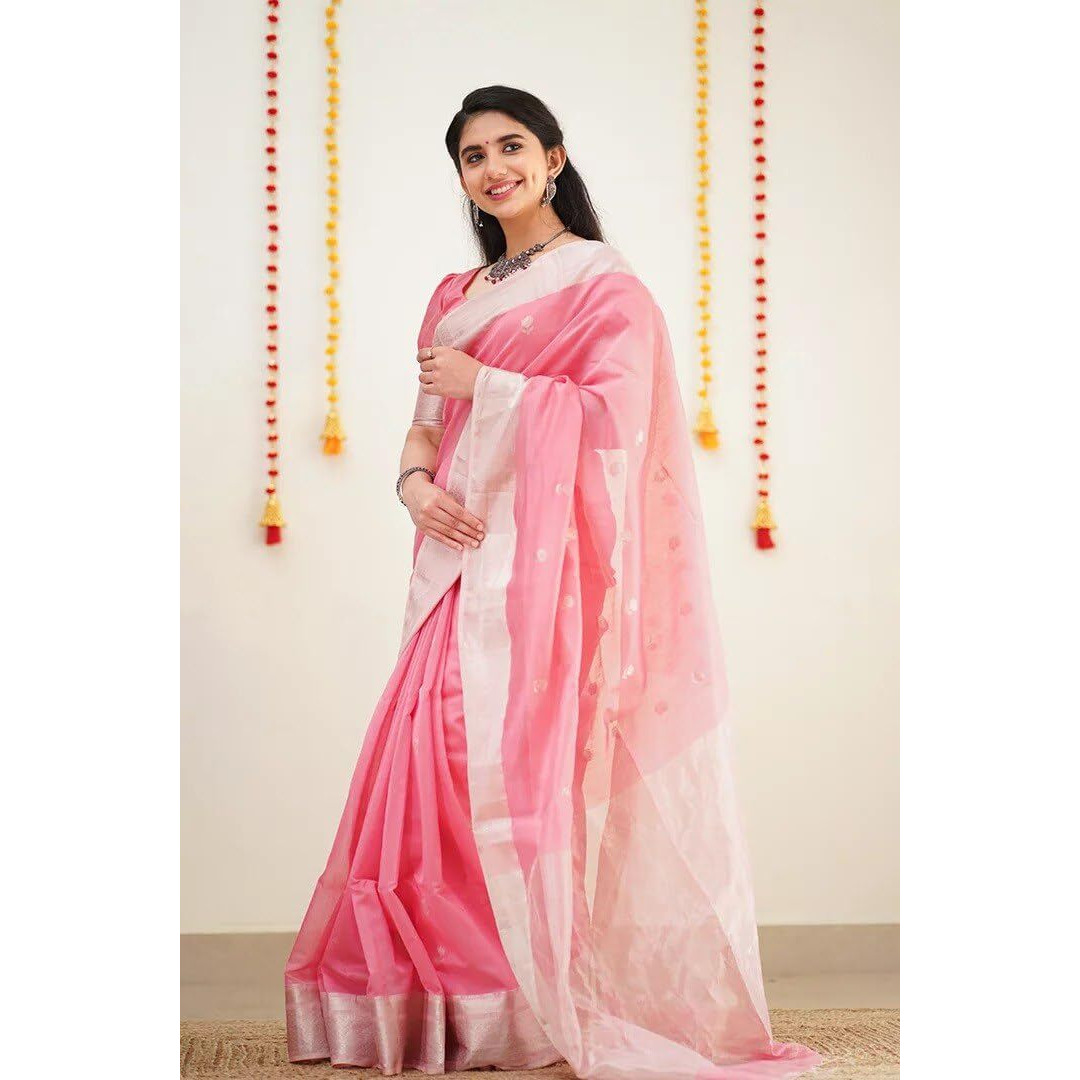 Flosive Silk Women's Mix Color & Golden Kanjivaram Wedding Saree With Blouse (Pink & White)