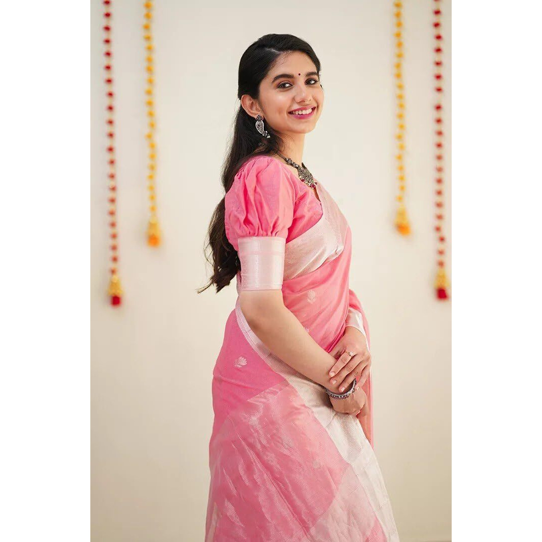Flosive Silk Women's Mix Color & Golden Kanjivaram Wedding Saree With Blouse (Pink & White)