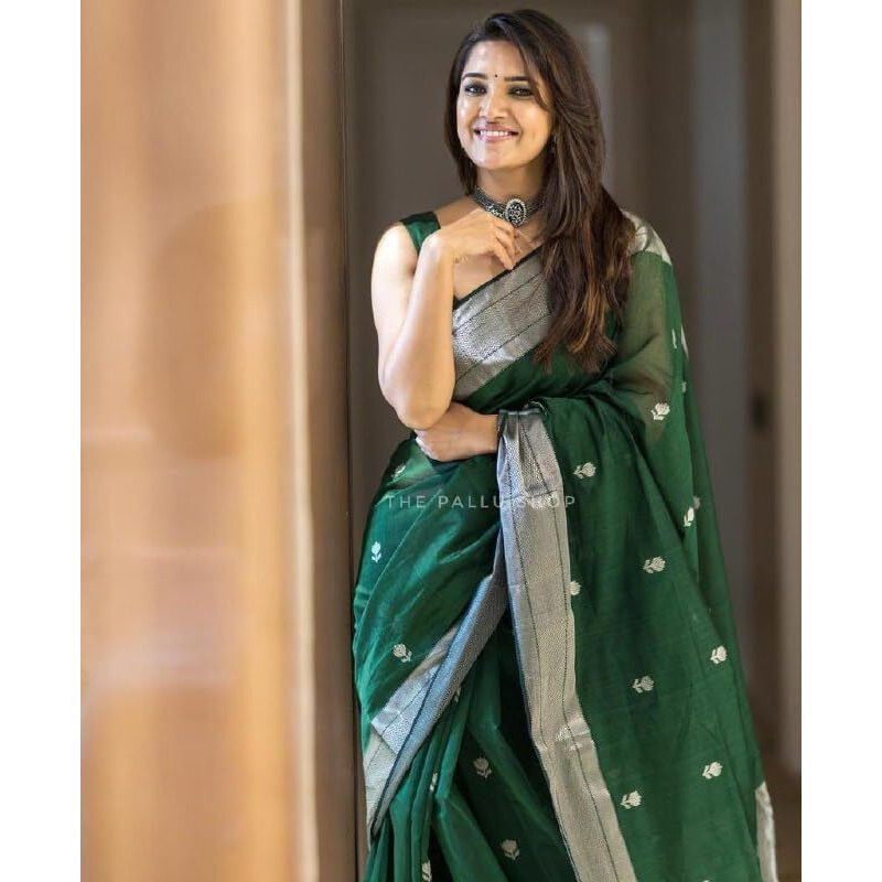 Flosive Silk Women's Mix Color & Golden Kanjivaram Wedding Saree With Blouse (Dark Green)