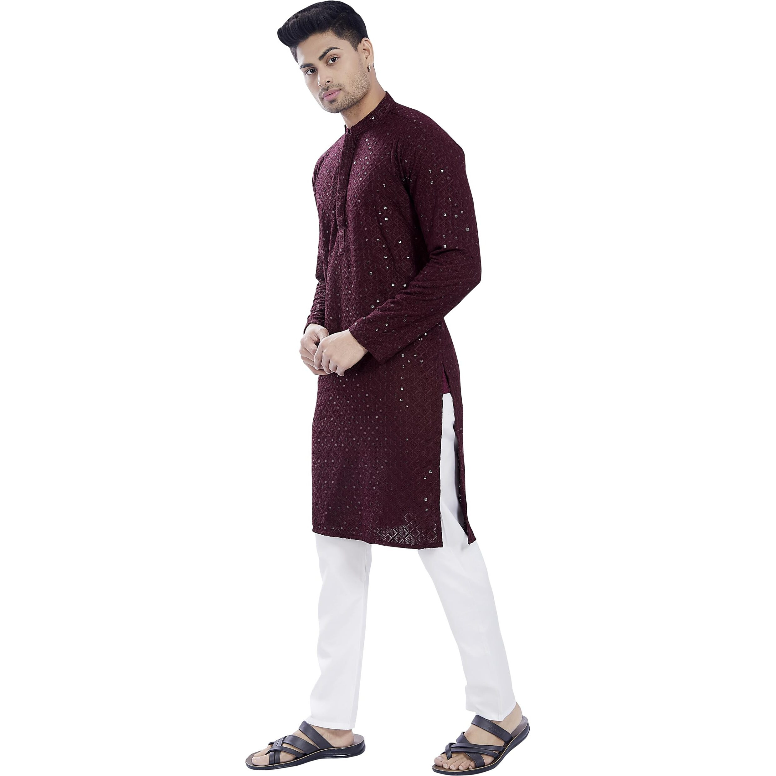 Divisive Men's Sequince Embroidered Cotton Blend Only Slim Fit Kurta (Dkrt672_L_Burgundy)