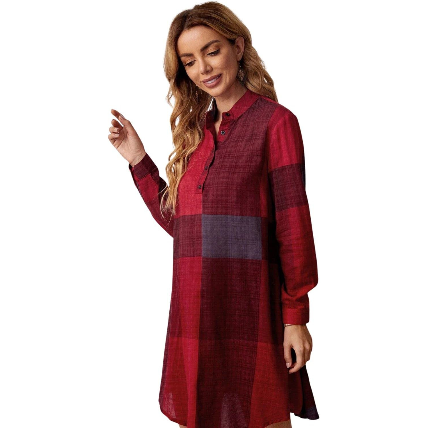 Greciilooks Western Dress For Women| Color Block Tunic Dress| Shirt Collar Half Button Western Dress| Long Slleve Dress| Best Gift For Girls| Knee Lenth Summer Dress (X-Large, Red)