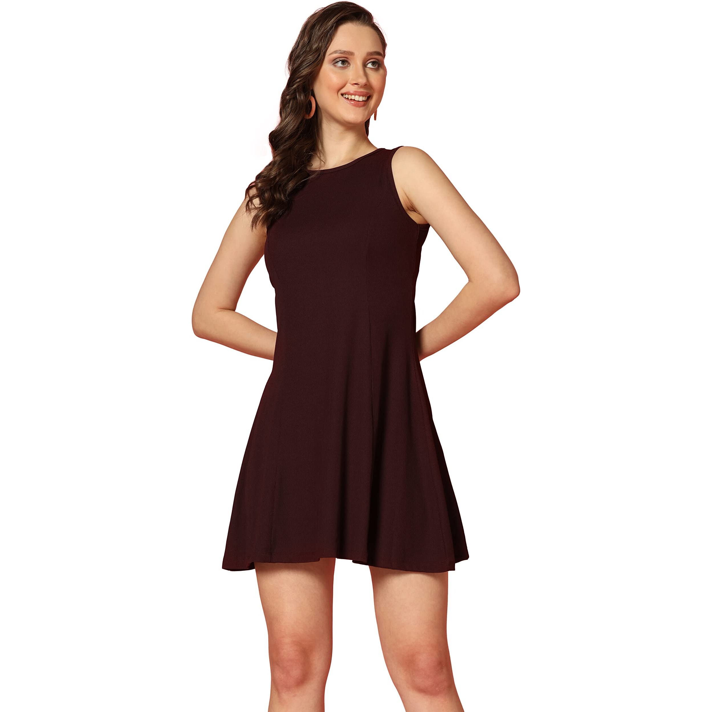 Greciilooks Women Ribbed Fit And Flare Regular Fit Western Dress (Brown, X-Large)
