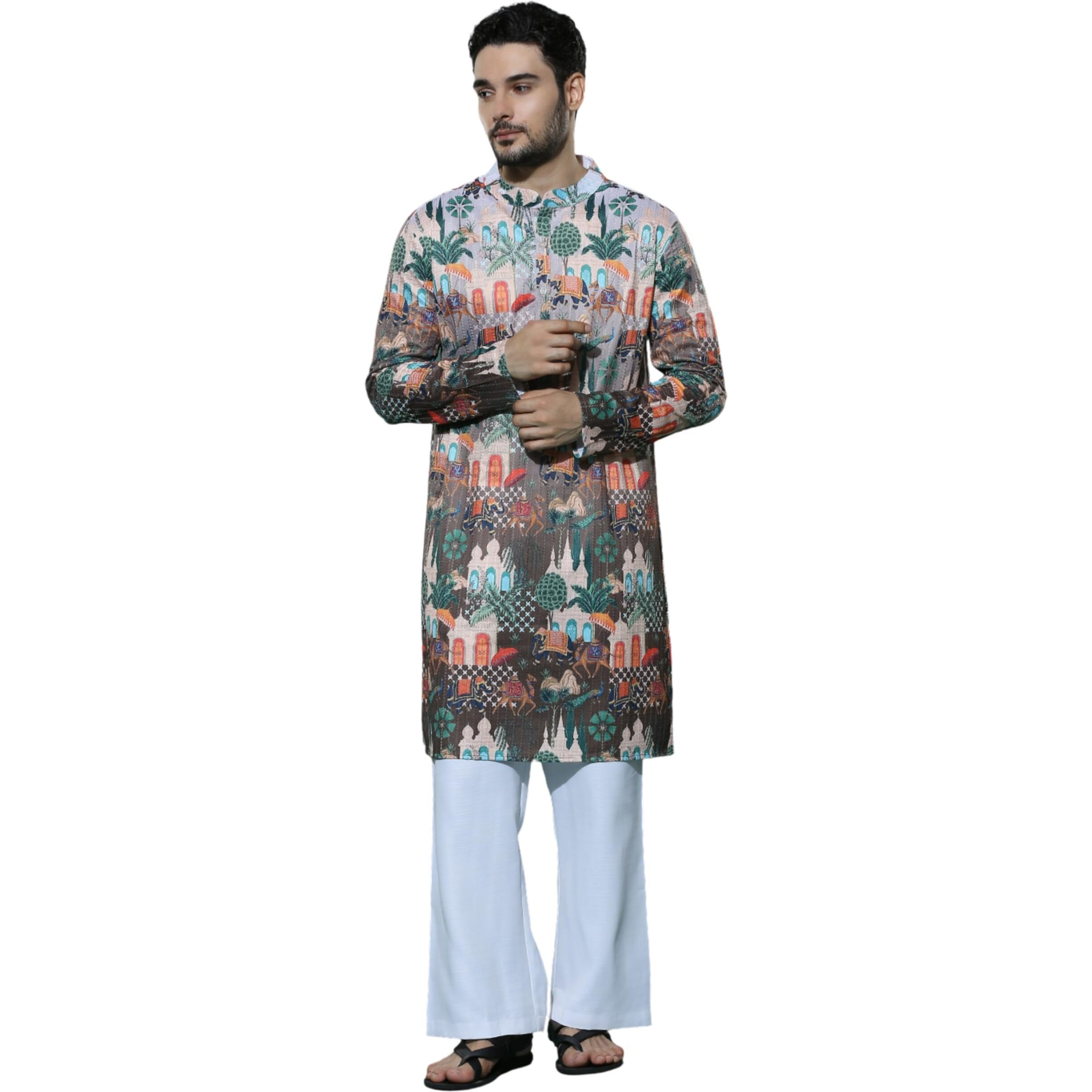 Greciilooks Men's Cotton Solid Regular Fit Kurta Set (Gl-M154&Mp105_Multicolor_L)