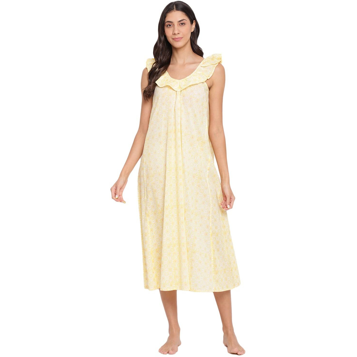 Fabindia Women Cotton Printed Beach Dress Yellow_M