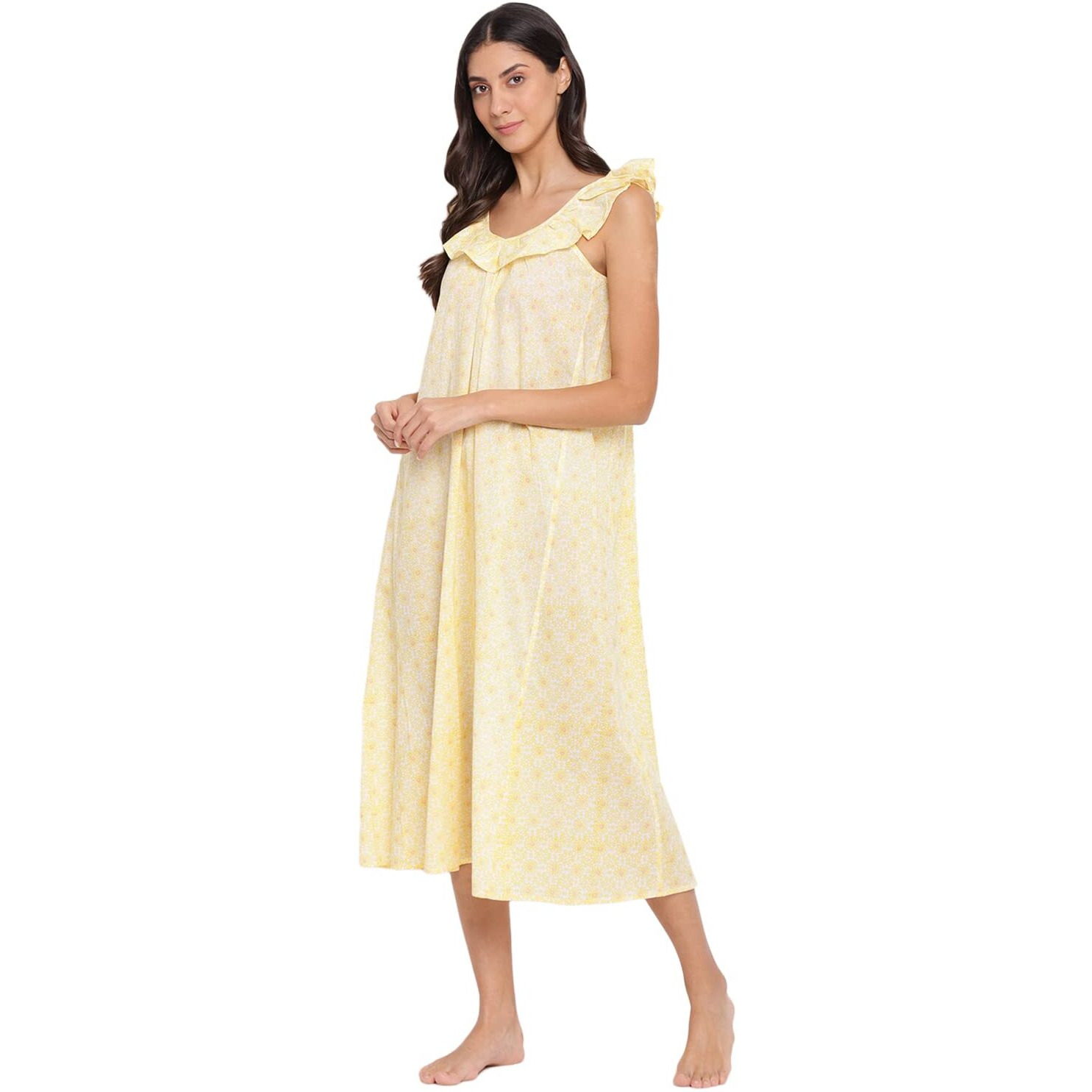 Fabindia Women Cotton Printed Beach Dress Yellow_M