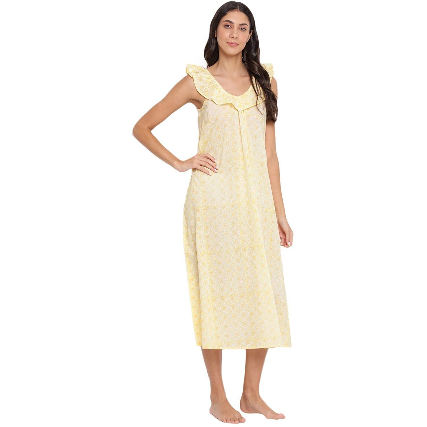 Fabindia Women Cotton Printed Beach Dress Yellow_M