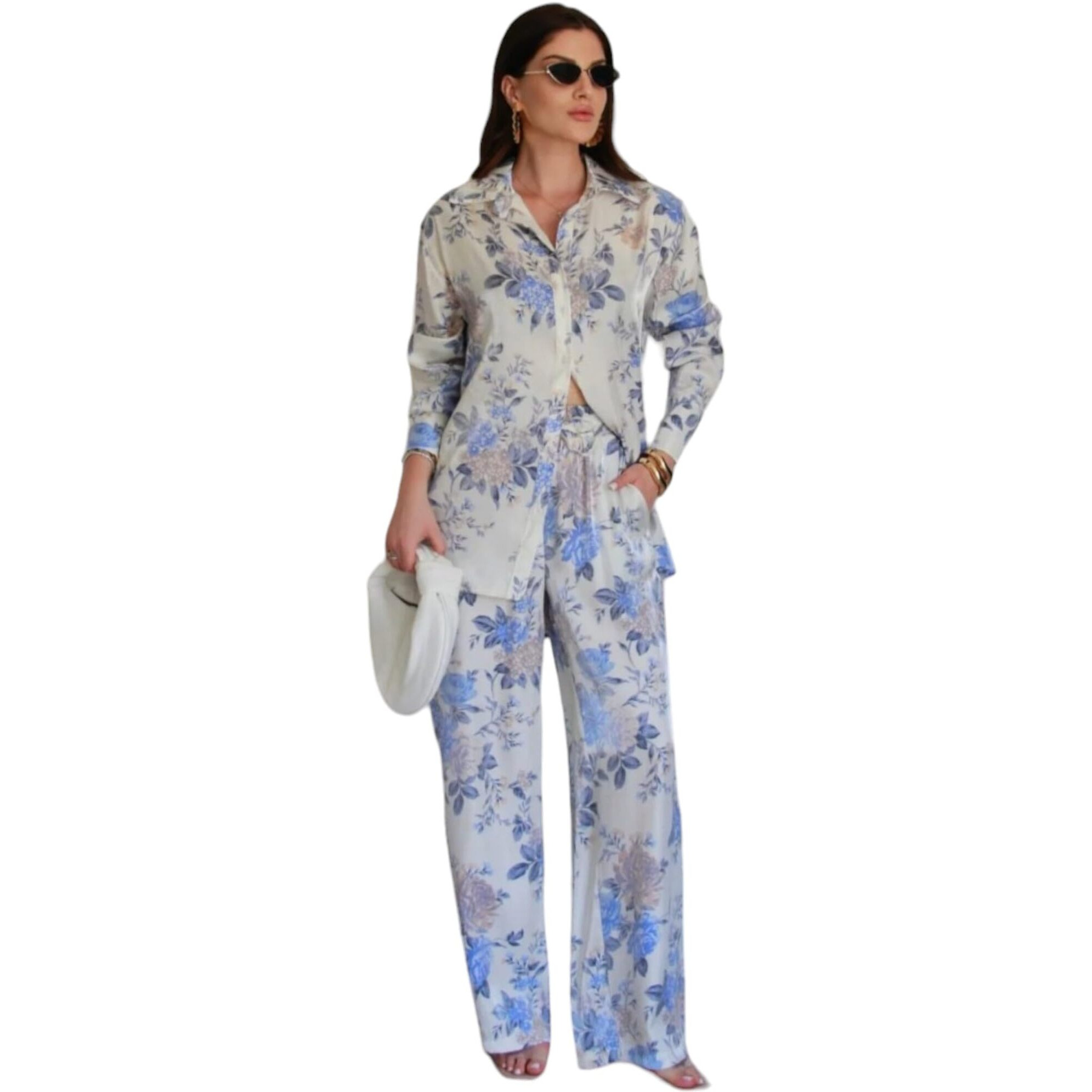 Gufrina Women's Co-Ords Set - Floral Print Shirt With Front Open Button And Wide-Leg Pants, Full Sleeves, Rayon Fabric (Sky Blue L)