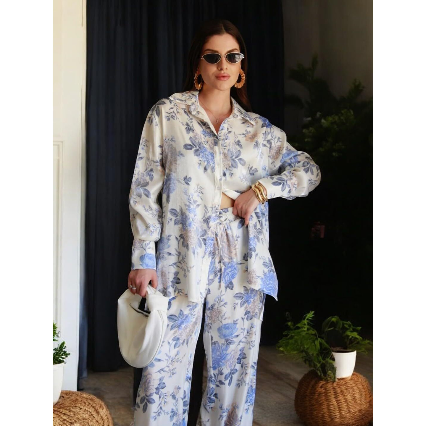 Gufrina Women's Co-Ords Set - Floral Print Shirt With Front Open Button And Wide-Leg Pants, Full Sleeves, Rayon Fabric (Sky Blue L)