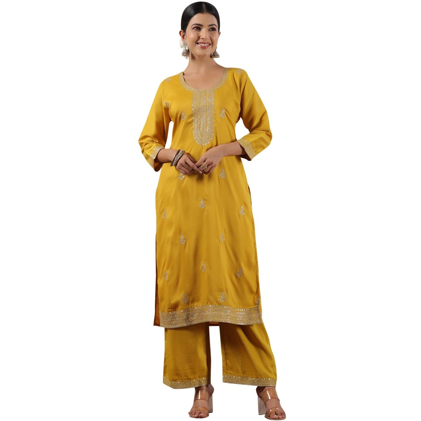 Ishin Women's Mustard Zari Work Ethnic Motifs Poly Silk Straight Kurta