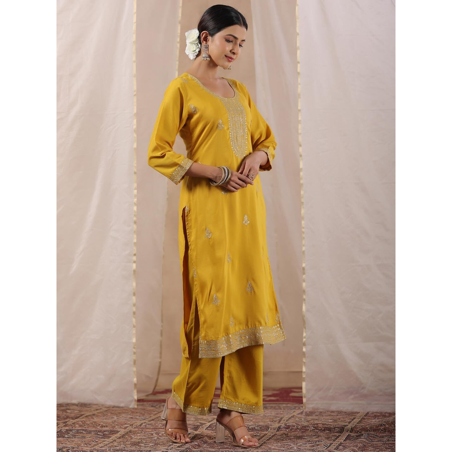 Ishin Women's Mustard Zari Work Ethnic Motifs Poly Silk Straight Kurta