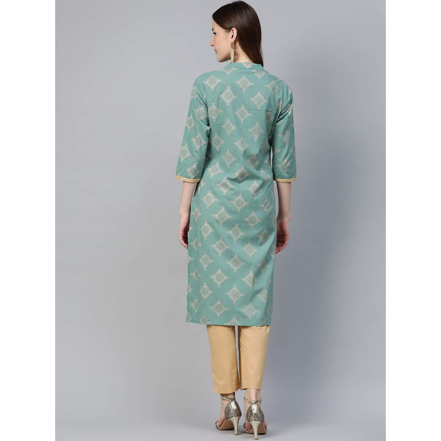 Idalia Women's Gold Print Persian Green Cotton Kurta With Beige Pants (Persian Green, M)