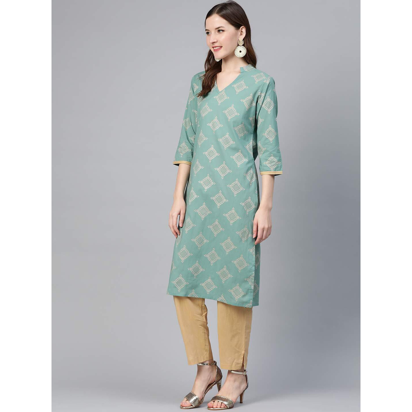 Idalia Women's Gold Print Persian Green Cotton Kurta With Beige Pants (Persian Green, M)