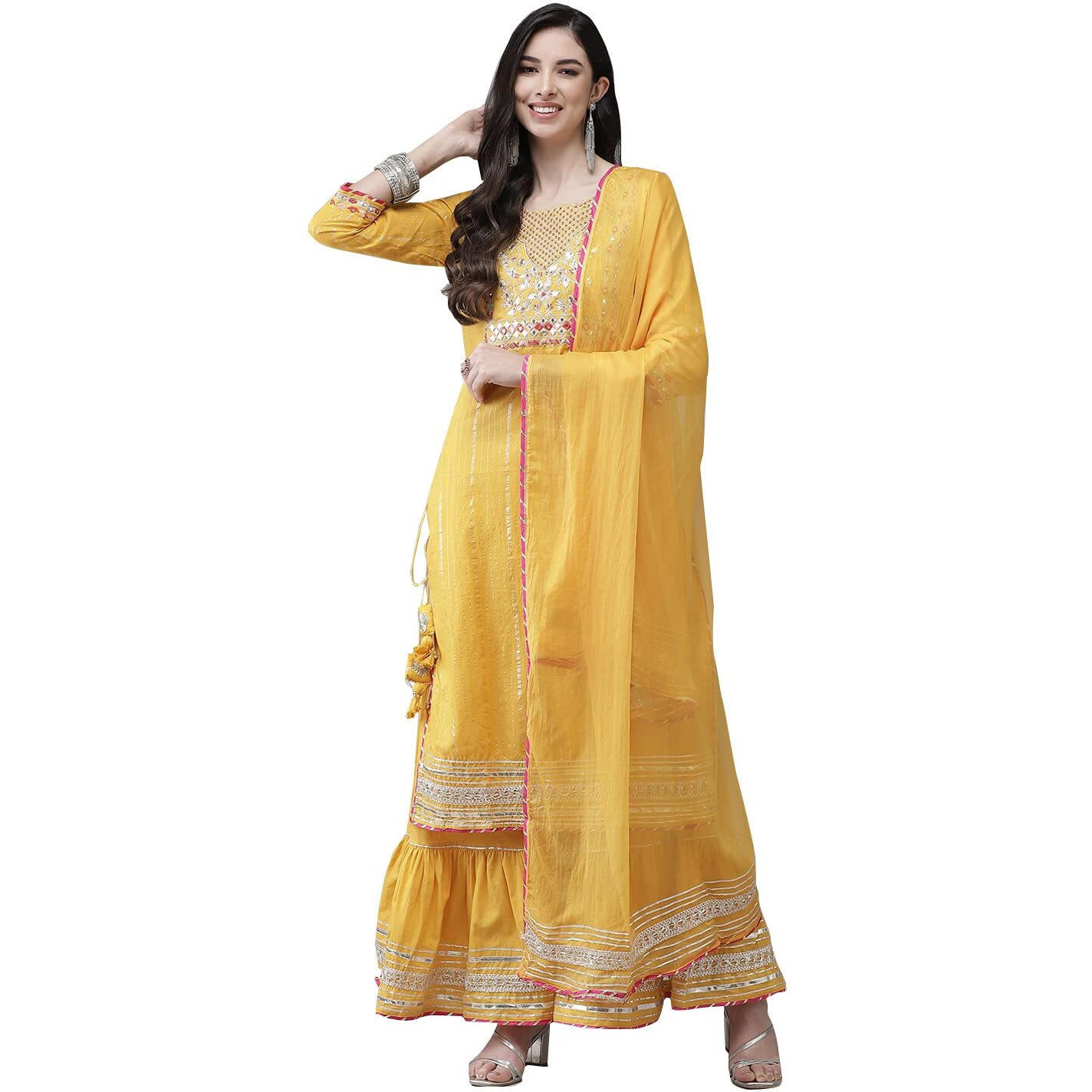 Ishin Women's Cotton A-Line Embroidered Kurta Suit Set With Dupatta & Sharara Kpldsrd-19010_L_Mustard
