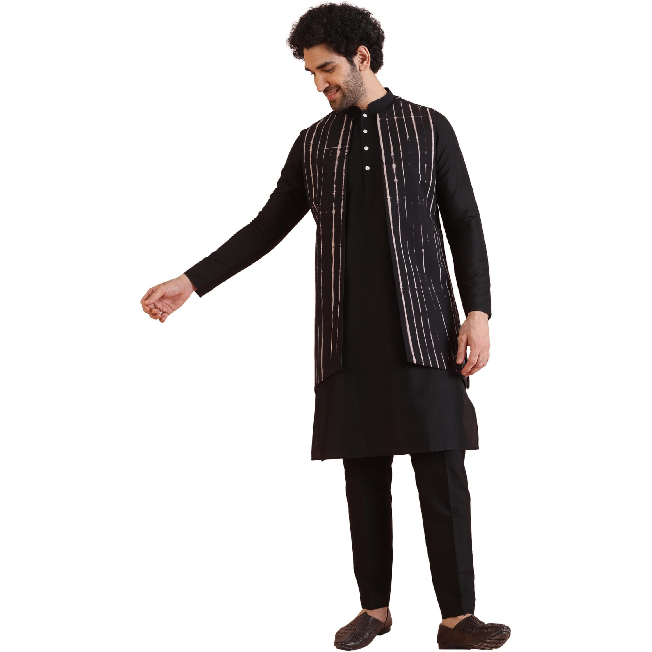 Kisah Men's Cotton Blend Full Sleeves Regular Fit Printed Pure Black Kurta Jacket Trousers Set, 40