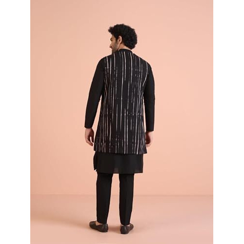 Kisah Men's Cotton Blend Full Sleeves Regular Fit Printed Pure Black Kurta Jacket Trousers Set, 40