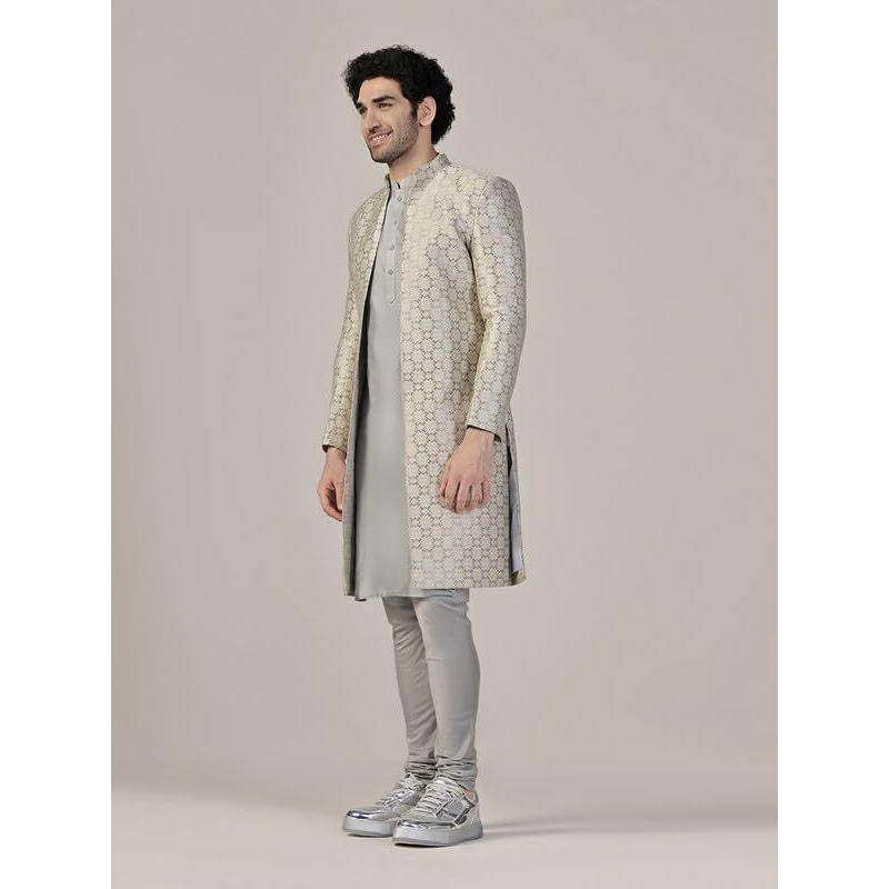 Kisah Men's Indo-Western Kurta Sherwani Churidar Set, Grey Silk Blend, Woven Design Regular Fit Mandarin Collar Long Sleeves|38