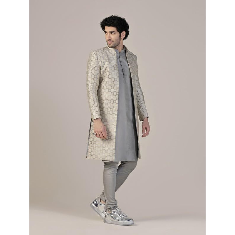 Kisah Men's Indo-Western Kurta Sherwani Churidar Set, Grey Silk Blend, Woven Design Regular Fit Mandarin Collar Long Sleeves|38