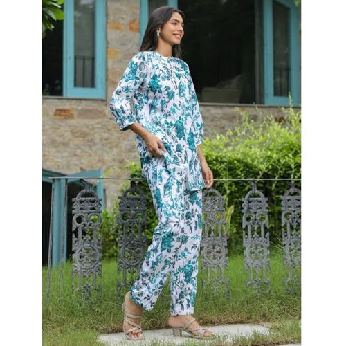 Leriya Fashion Women Ethnic Kurta Set | Rayon Co-Ord Set | Fancy Pajama Set | Pack Of 2 | Floral Printed Top & Pant Set | Full Pair Set | A-Line Kurta Set For Women (X-Large, White)