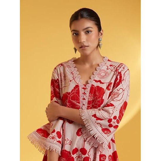 Lookmark Women's Printed Cotton Blend Straight Kurta Pant Set With Lace - Comfortable Ethnic Wear For Women, Elegant Design, Suitable For Various Occasions (Az-Lm-Og-Ks2118 Red-M)