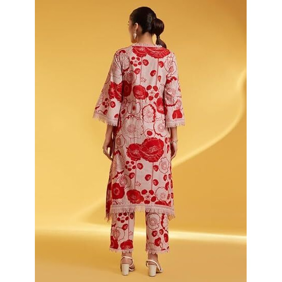 Lookmark Women's Printed Cotton Blend Straight Kurta Pant Set With Lace - Comfortable Ethnic Wear For Women, Elegant Design, Suitable For Various Occasions (Az-Lm-Og-Ks2118 Red-M)