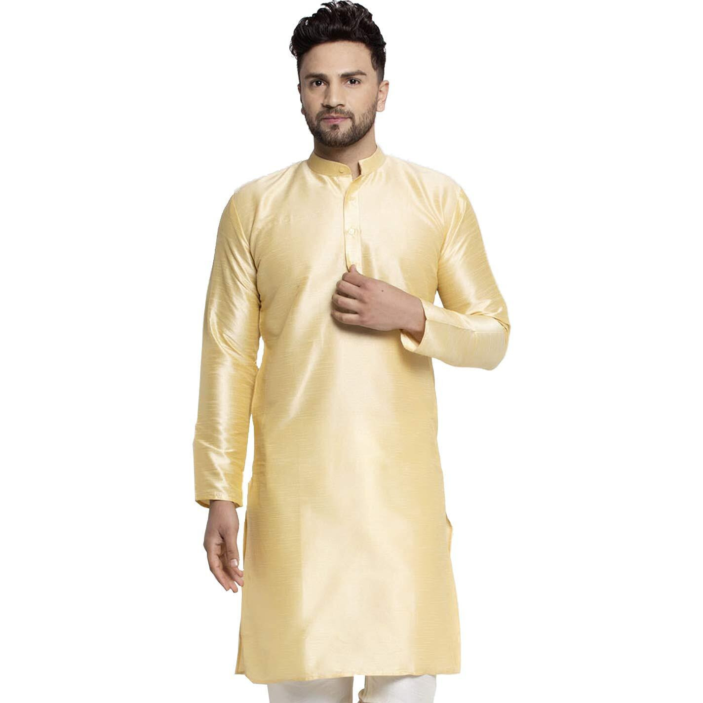 Jompers Men Solid Dupion Silk Kurta(Golden, M)