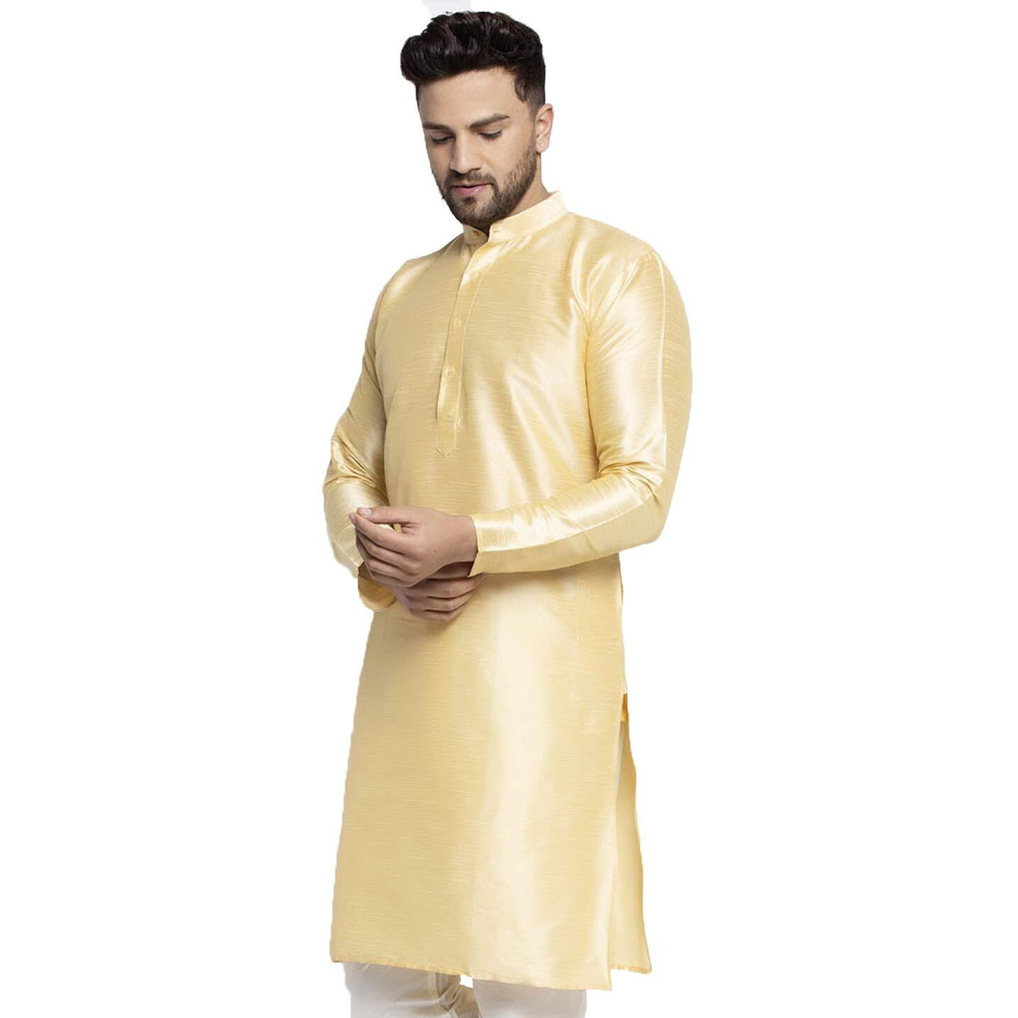 Jompers Men Solid Dupion Silk Kurta(Golden, M)