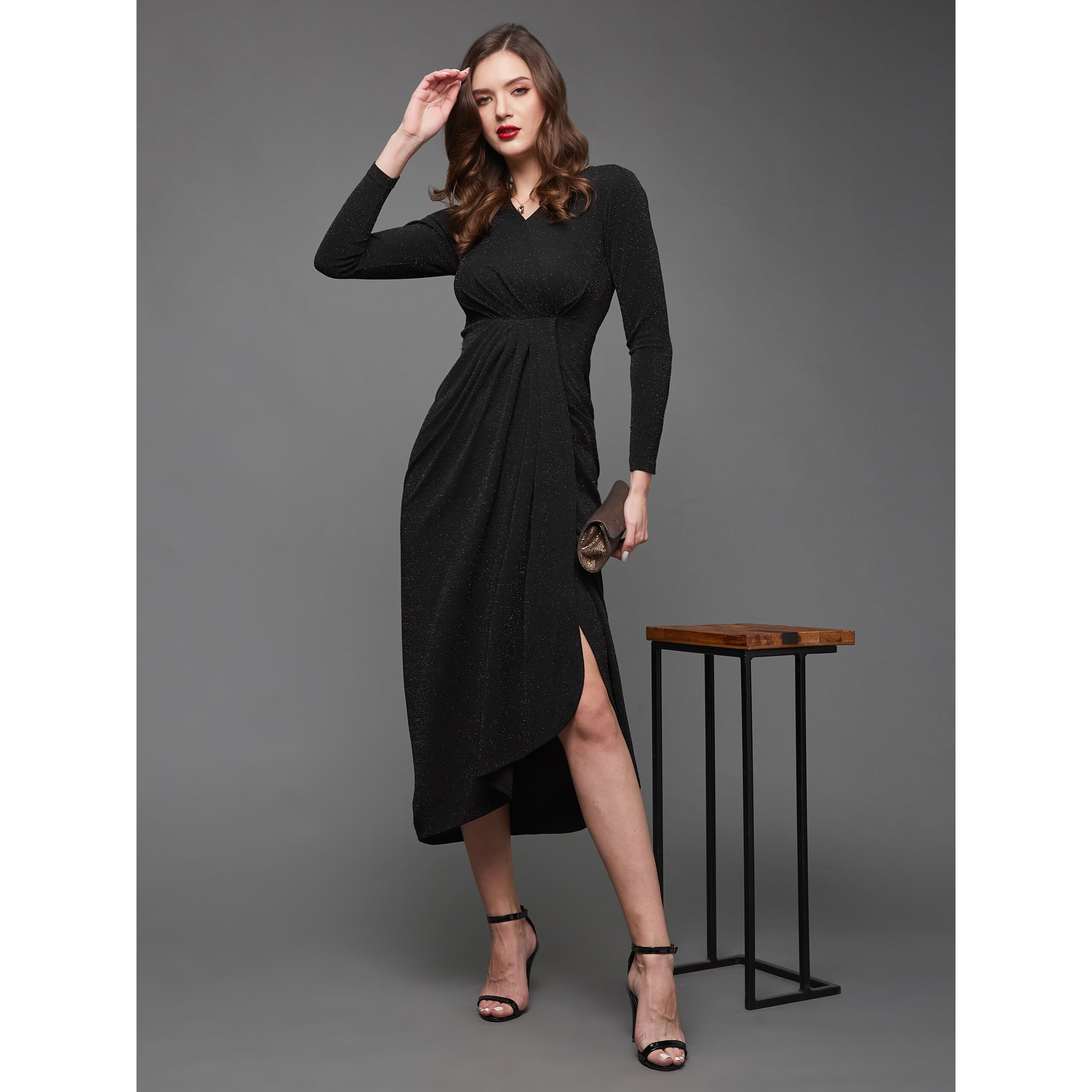 Miss Chase Women's V-Neck Full Sleeve Self Design Wrap Polyester Midi Dress (Mcaw23D13-81-62-03, Black, S)