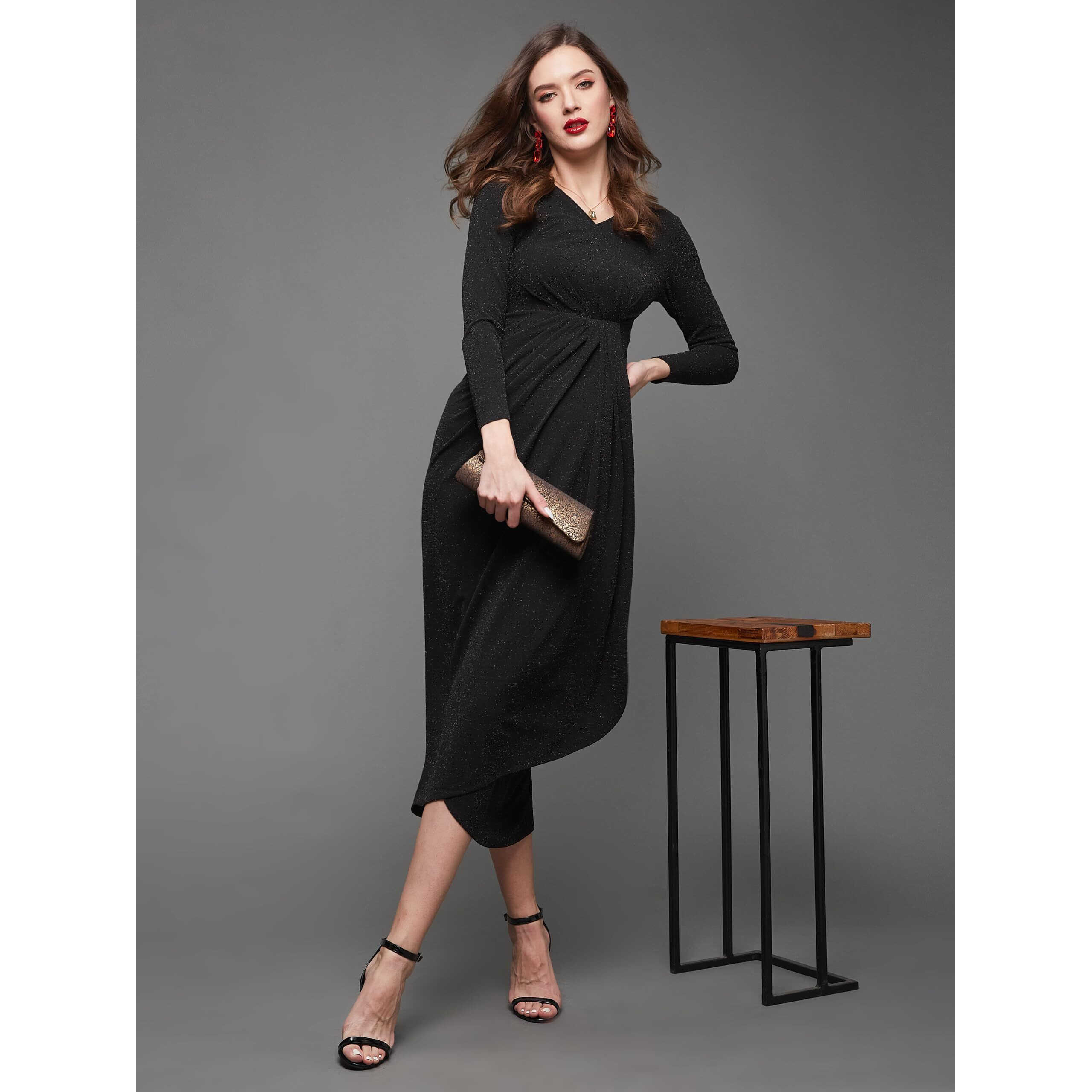 Miss Chase Women's V-Neck Full Sleeve Self Design Wrap Polyester Midi Dress (Mcaw23D13-81-62-03, Black, S)