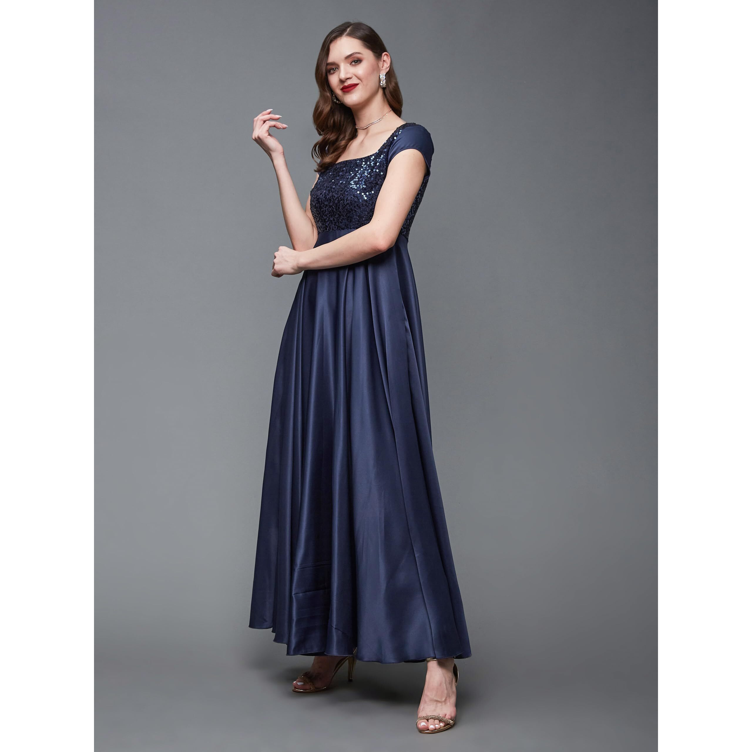 Miss Chase Women's Navy Blue Square Neck Short Sleeve Embellished Polyester Fit & Flare Maxi Dress (Mcss23D06-60-71-04, Navy Blue, M)