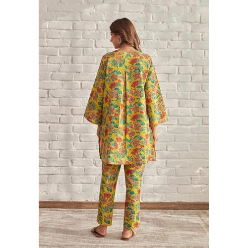 Nainvish Women's Mustard Floral Printed A-Line Cotton Blend V-Neck Co-Ord Set (Sd666_Kb-L)