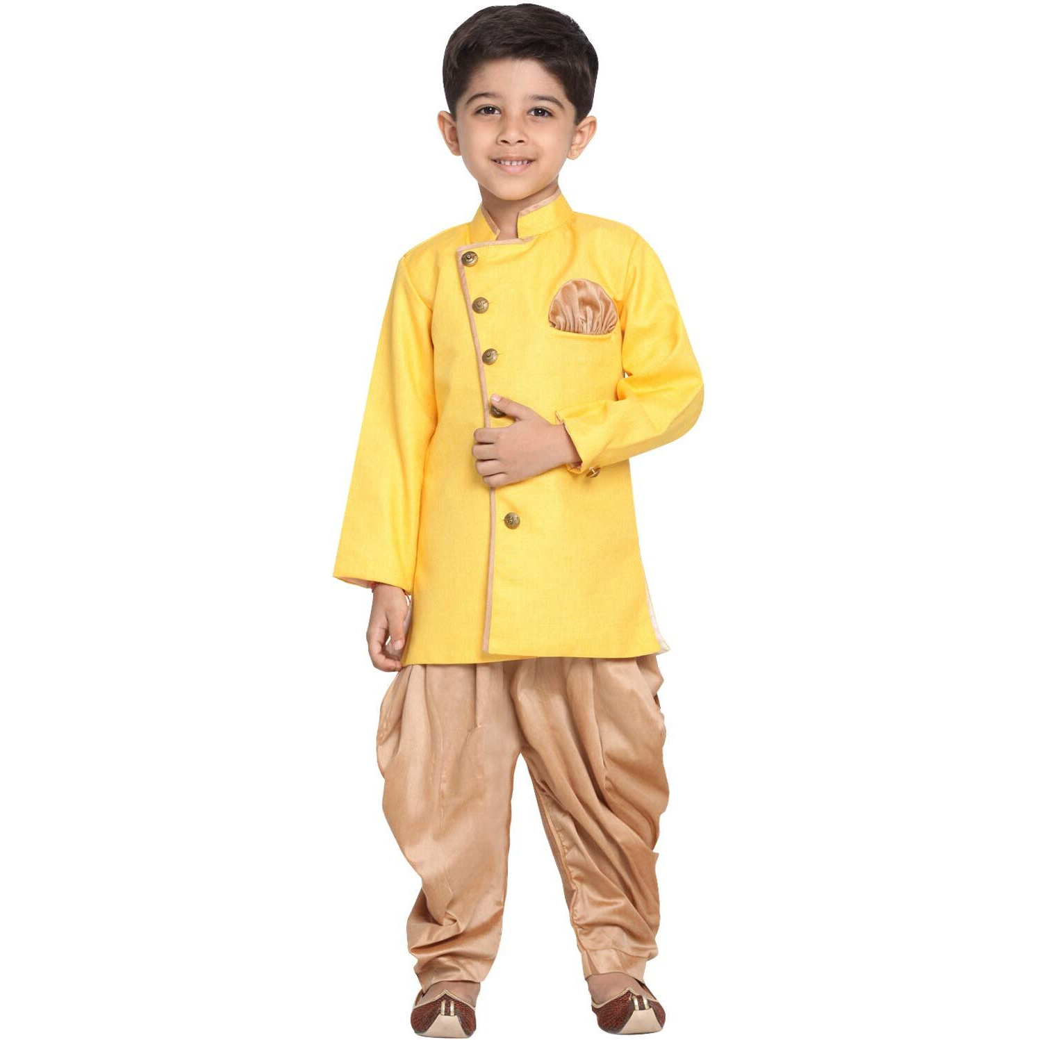 Jbn Creation Boys' Yellow And Rose Gold Cotton Blend Sherwani And Dhoti Pant Set_Jbnbciw124Ywncdrg_26