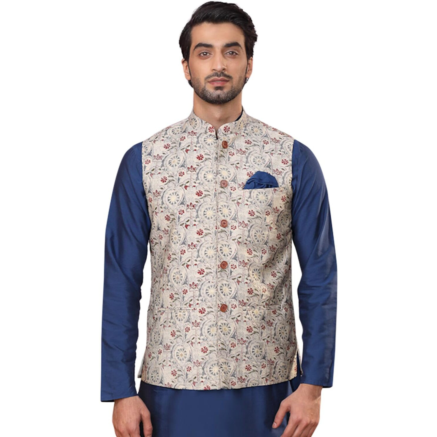 Kisah Men's Ethnic Wear Regular Fit Printed Cotton Blend White Nehru Jacket (M)