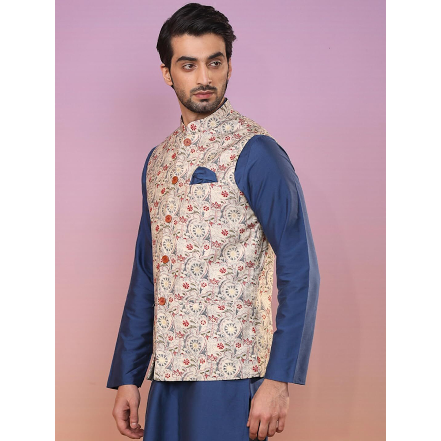 Kisah Men's Ethnic Wear Regular Fit Printed Cotton Blend White Nehru Jacket (M)