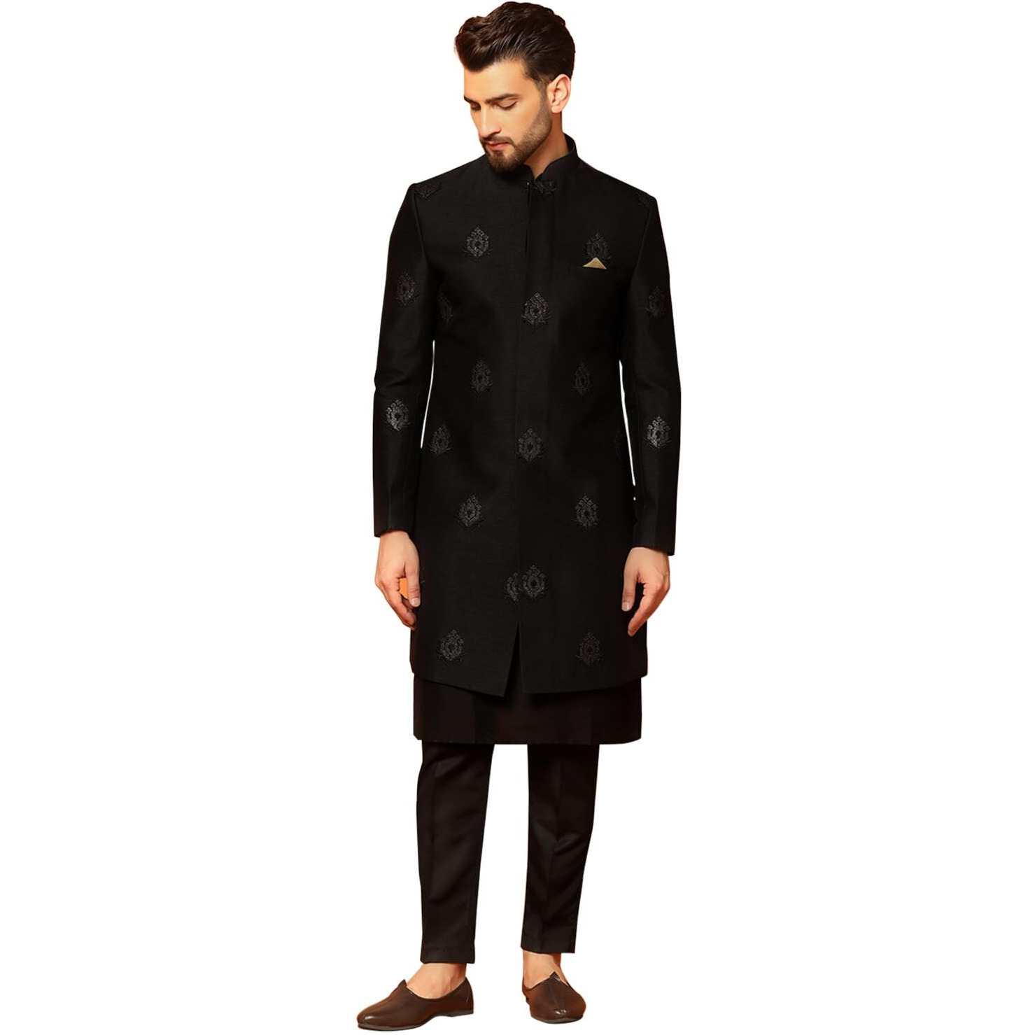 Kisah Men's Indo-Western Kurta Sherwani Trousers Set Cotton Silk Full Sleaves, Knee Length, Straight, Regular Fit, Mandarin Collar Ethnic Wear