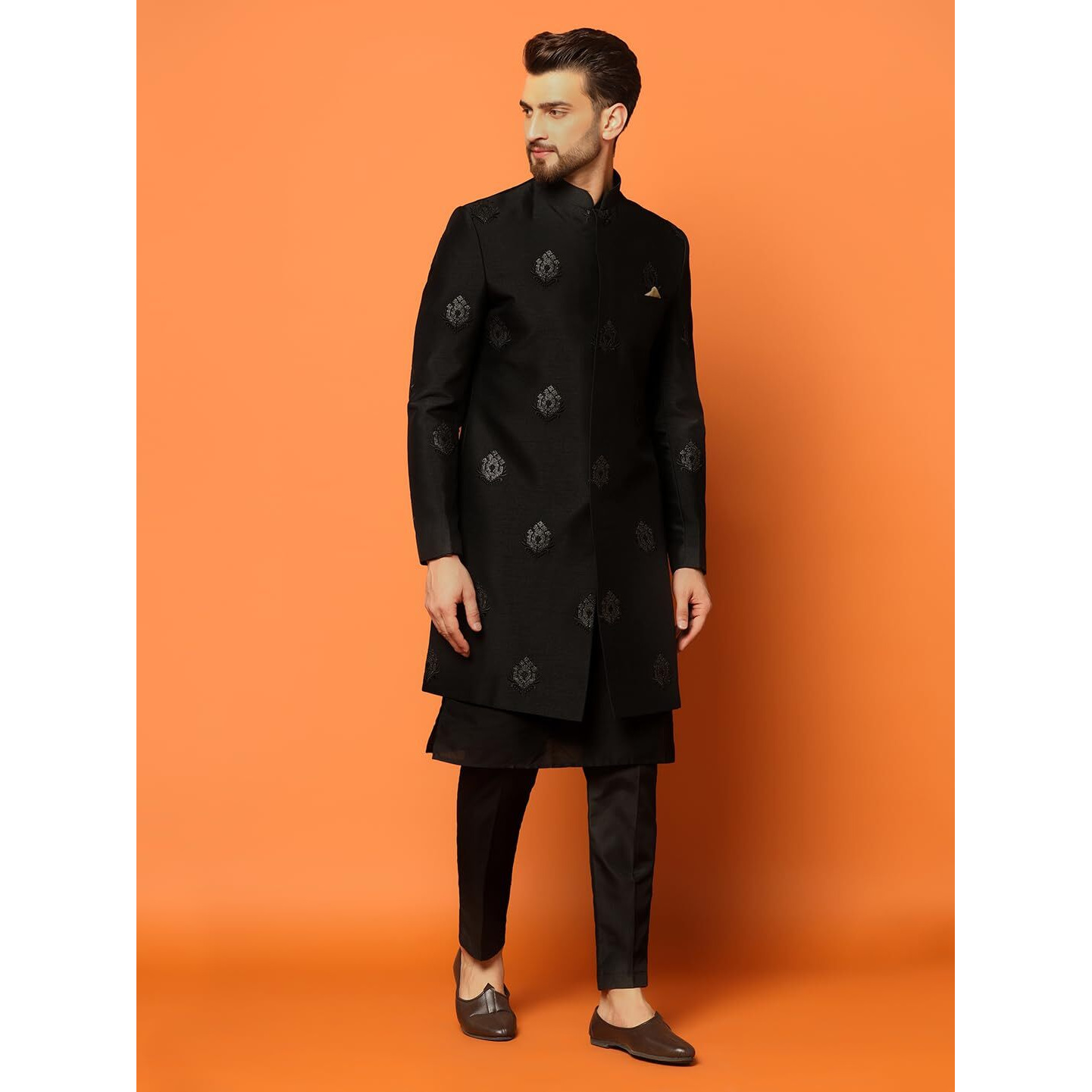 Kisah Men's Indo-Western Kurta Sherwani Trousers Set Cotton Silk Full Sleaves, Knee Length, Straight, Regular Fit, Mandarin Collar Ethnic Wear