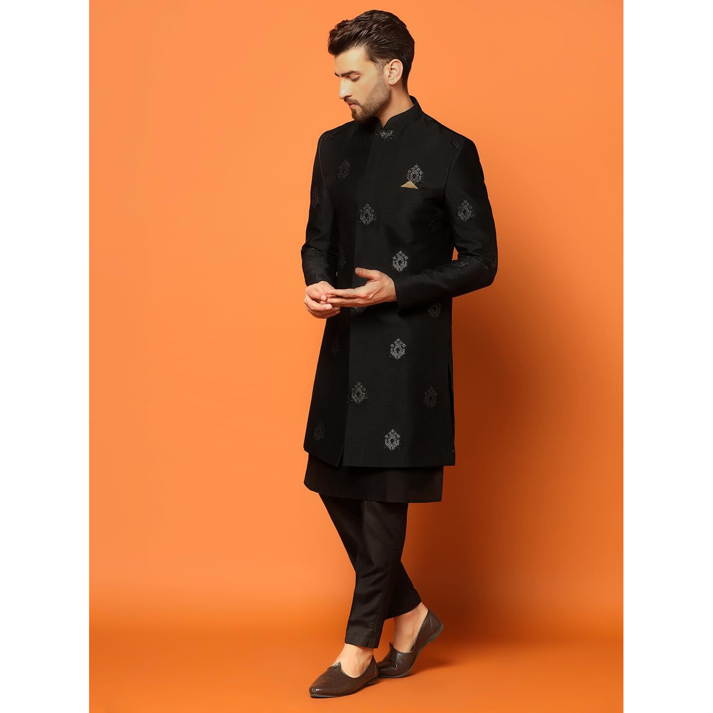 Kisah Men's Indo-Western Kurta Sherwani Trousers Set Cotton Silk Full Sleaves, Knee Length, Straight, Regular Fit, Mandarin Collar Ethnic Wear