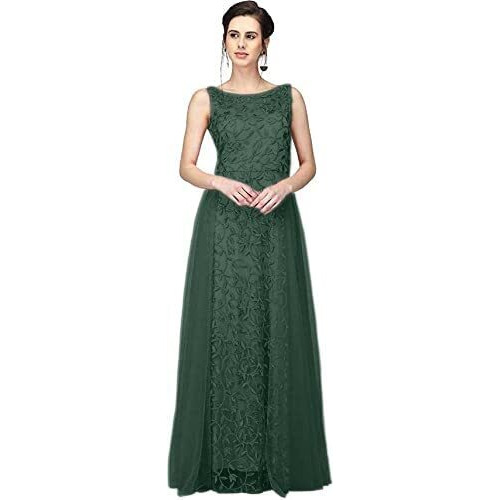 Patlani Women's Net Embroidery Aline-Flered Gown Dress For Women Full Stitched Gown Ready To Wear.(All Over-Green-Xl)