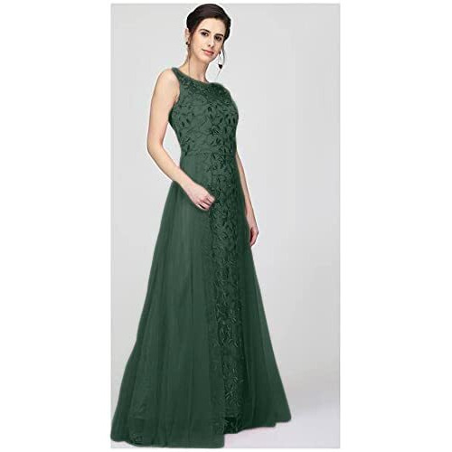 Patlani Women's Net Embroidery Aline-Flered Gown Dress For Women Full Stitched Gown Ready To Wear.(All Over-Green-Xl)