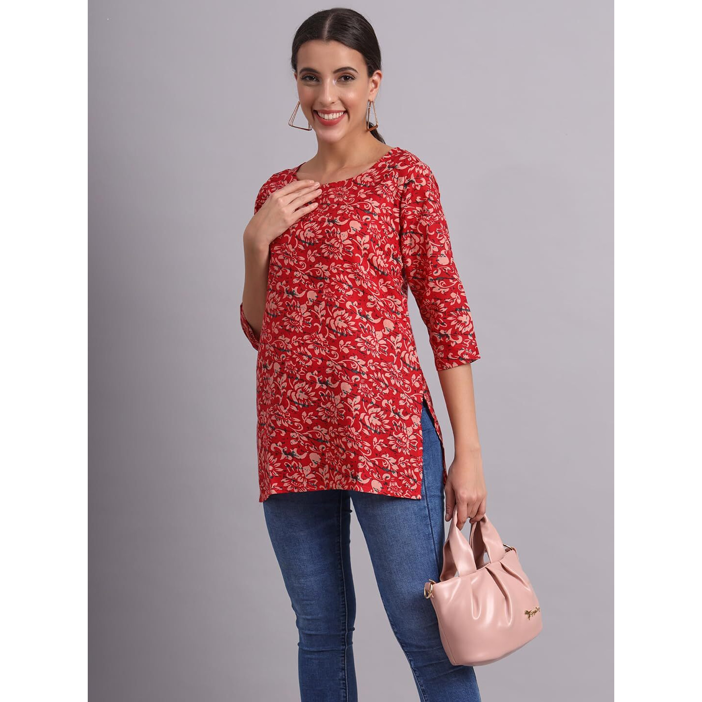 Patlani Women's Cotton Printed Short Fullstitched Kurti/Kurtas. Red