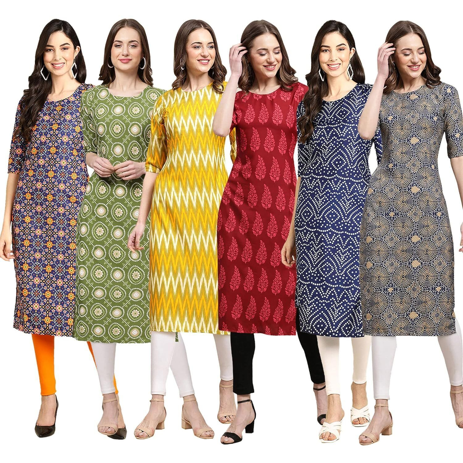 Pinkmint Women's Crepe Digital Print Straight Kurta Pack Of 6 [Cr-369-338-329-337-366-341-Xl]