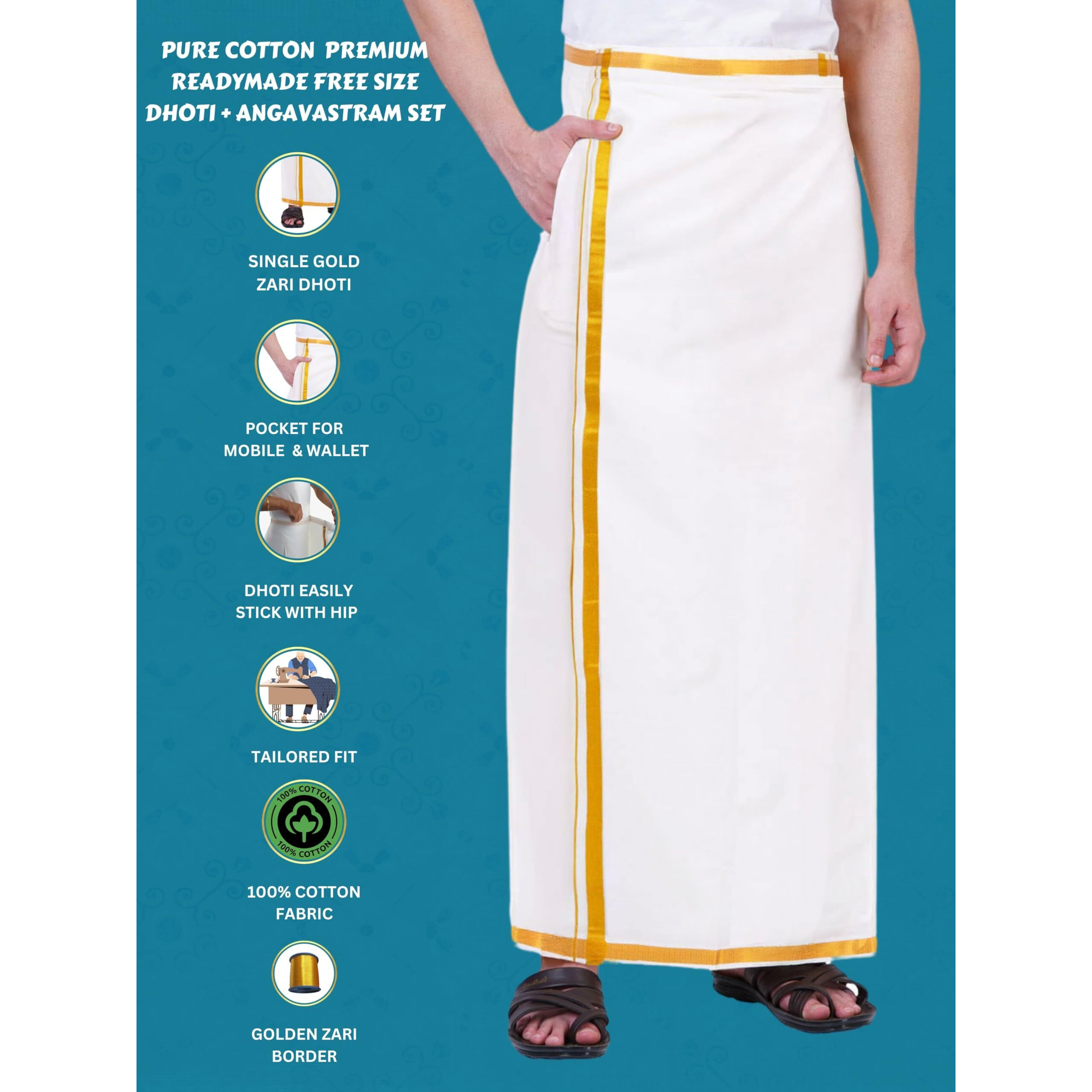 Prakasam Cotton Mens White Colour Zari Cotton Welcro Pocket Dhoti With Matching Towel-(Size 32)